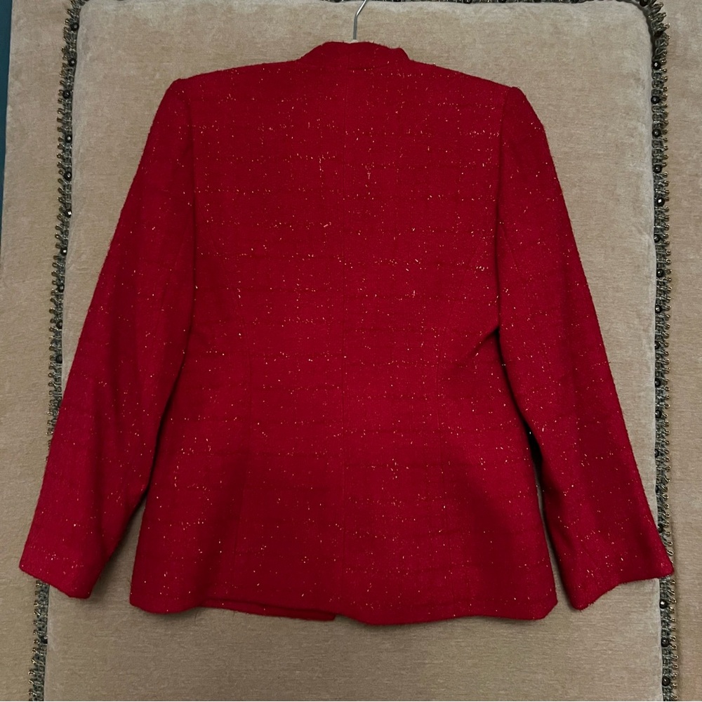 KASPER Red Sparkle Tweed Plaid Petite Skirt Suit - Picture 8 of 17